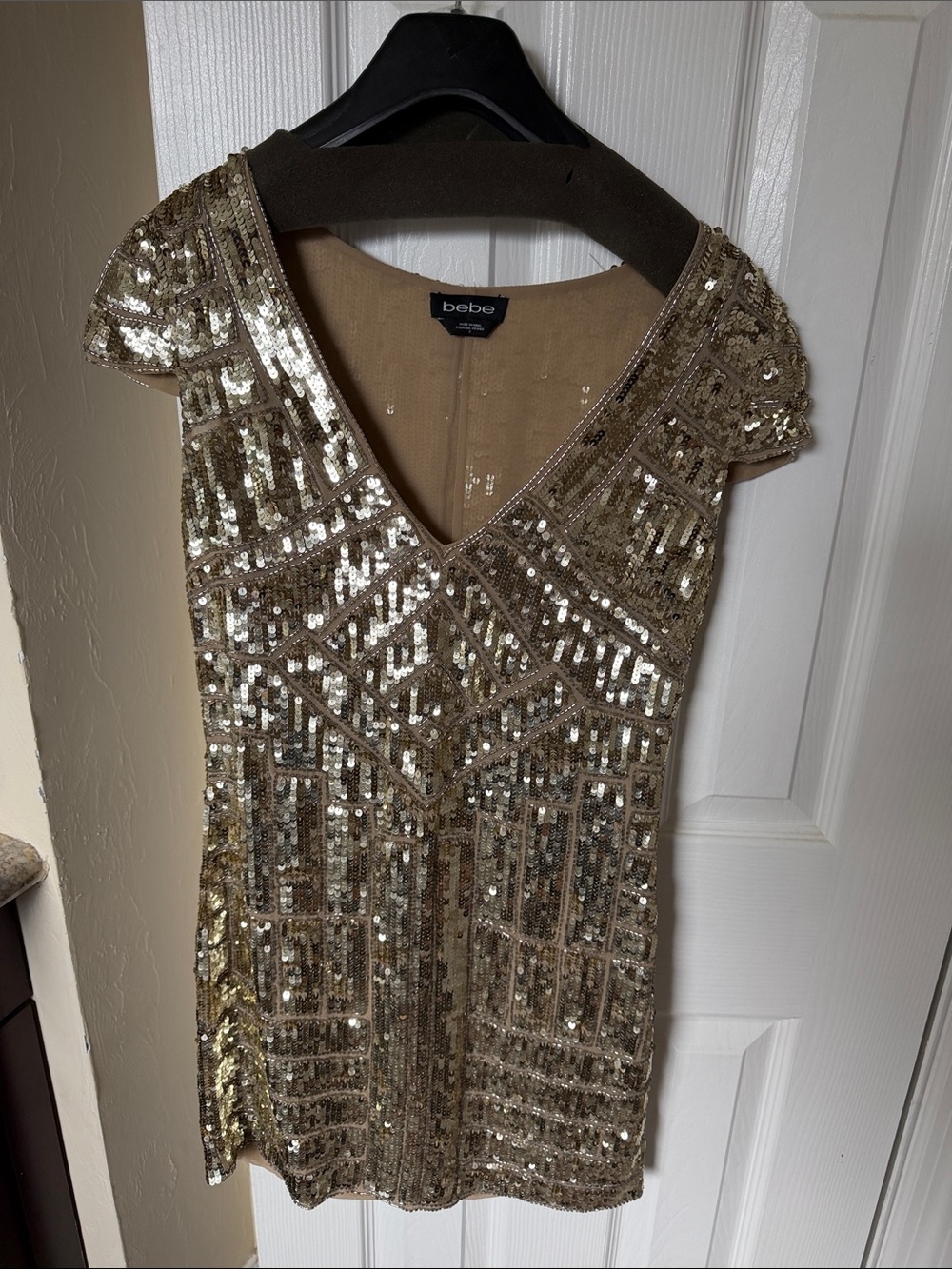 bebe Gold Sequin V-Neck Mini Dress